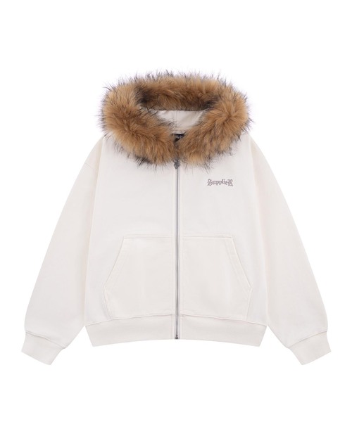 SUPPLIER（サプライヤー）の「SUPPLIER / サプライヤー Faux Fur Cross Zip Hoodie（パーカー・メンズ・アイボリー/ブラック・MEDIUM/LARGE）」の4枚目の写真