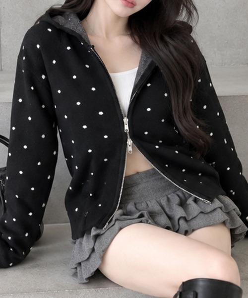 GLAMOROUS JANE(グラマラスジェーン)の「ドットジャガードダブルジップニットパーカー(パーカー・レディース・ベージュ/ブラック/グレー・FREE)」の5枚目の写真