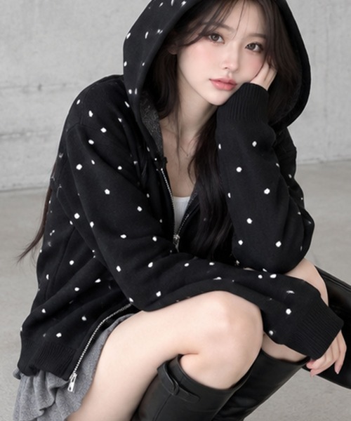 GLAMOROUS JANE(グラマラスジェーン)の「ドットジャガードダブルジップニットパーカー(パーカー・レディース・ベージュ/ブラック/グレー・FREE)」の7枚目の写真