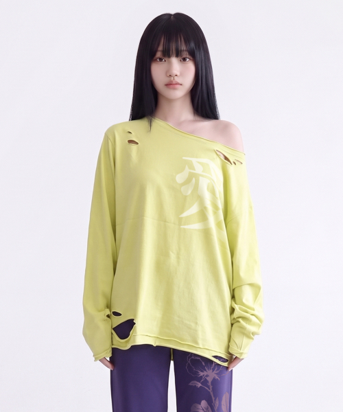GRAVER（グレーバー）の「[WOMAN]LUV ダメージ ワンショルダー ロングスリーブ_2color（Tシャツ/カットソー・レディース・チャコール/イエロー・FREE）」の8枚目の写真