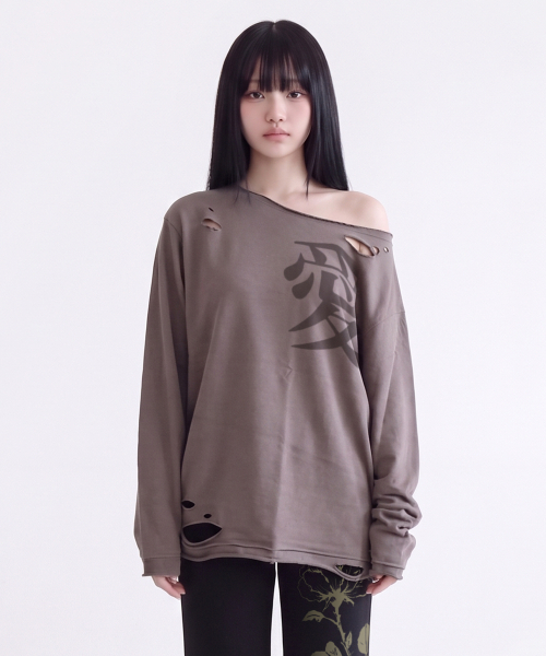 GRAVER（グレーバー）の「[WOMAN]LUV ダメージ ワンショルダー ロングスリーブ_2color（Tシャツ/カットソー・レディース・チャコール/イエロー・FREE）」の11枚目の写真