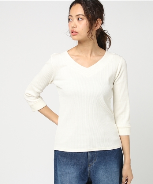 VENCEEXCHANGE（ヴァンスエクスチェンジ）の「無地両V7分袖（ニット/セーター・レディース・イエロー/ブラック/ライトブルー/オフホワイト・MEDIUM）」の13枚目の写真