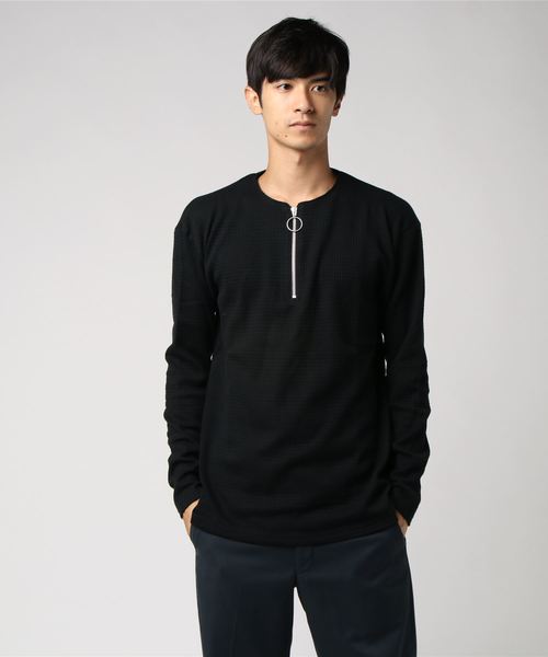 Luv maison（ラブメゾン）の「ワッフルハーフZIPデザインロンT（Tシャツ/カットソー・メンズ・ホワイト/ブラック・M/L）」の2枚目の写真