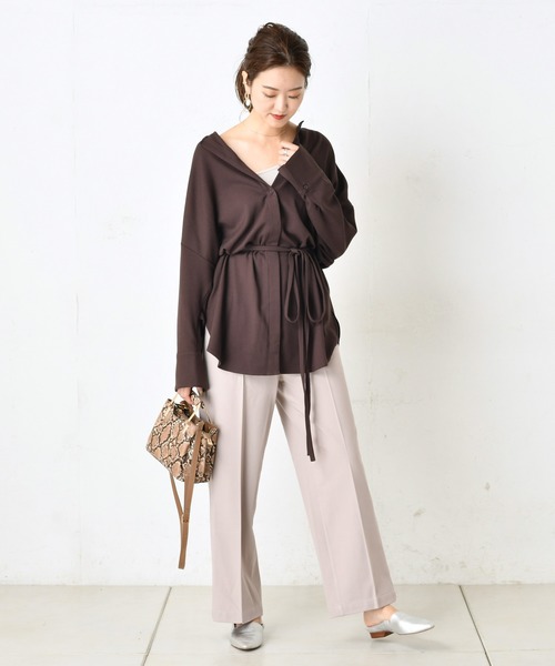 DouDou(ドゥドゥ)の「ベルト付き前開きシャツ3(シャツ/ブラウス・レディース・ダークブラウン/オフホワイト/ミント・FREE)」の6枚目の写真