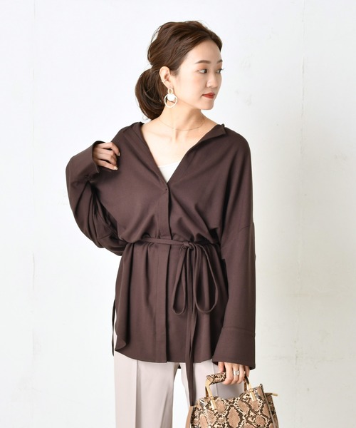 DouDou(ドゥドゥ)の「ベルト付き前開きシャツ3(シャツ/ブラウス・レディース・ダークブラウン/オフホワイト/ミント・FREE)」の8枚目の写真