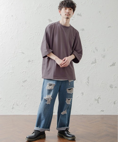 MinoriTY（マイノリティ）の「メンズ5分袖ビッグシルエットガゼットTシャツ（Tシャツ/カットソー・メンズ・ピンク/ベージュ/サックスブルー/ホワイト/ラベンダー/ブラック・FREE）」の8枚目の写真