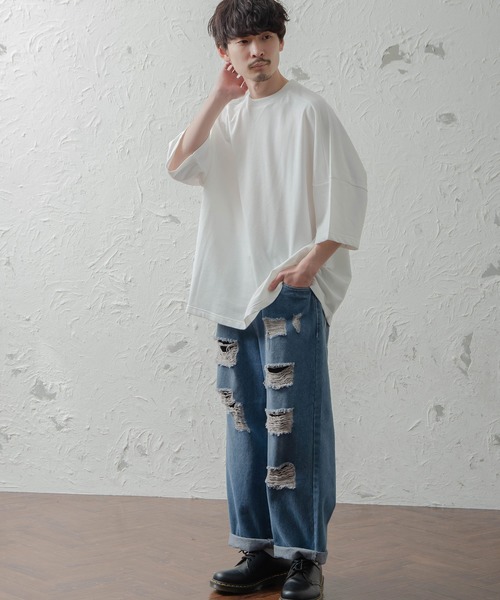 MinoriTY（マイノリティ）の「メンズ5分袖ビッグシルエットガゼットTシャツ（Tシャツ/カットソー・メンズ・ピンク/ベージュ/サックスブルー/ホワイト/ラベンダー/ブラック・FREE）」の13枚目の写真