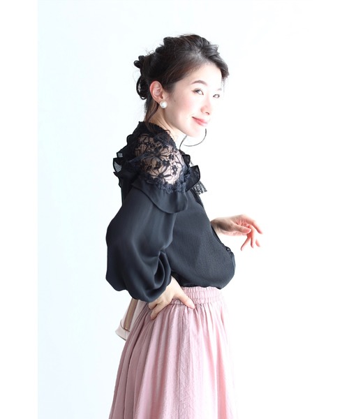 cawaii（カワイイ）の「（黒）肩を美しく飾るフリルとレースのリボンブラウストップス（シャツ/ブラウス・レディース・ブラック・FREE）」の6枚目の写真