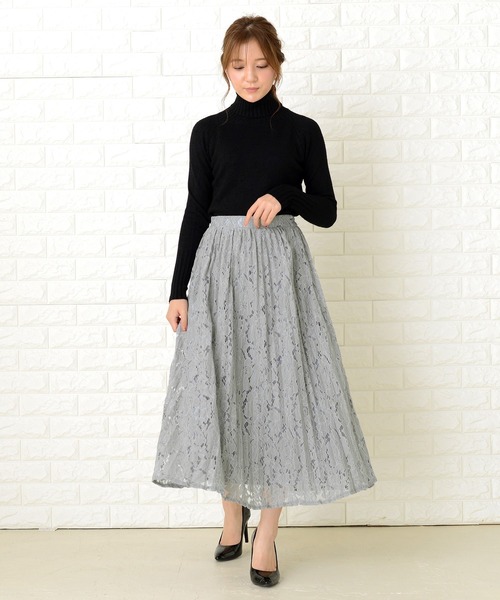 Lace Ladies(レースレディース)の「花柄総レースロング丈プリーツスカート(スカート・レディース・ライトブルー/ブラック/ベージュ/グレー/グリーン・FREE)」の4枚目の写真