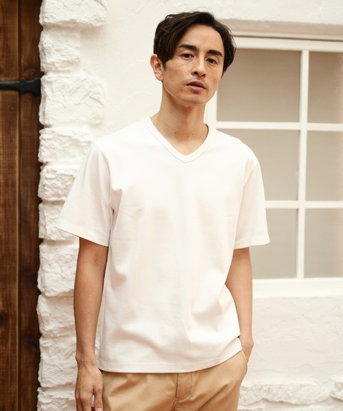 UNION STATION（ユニオンステーション）の「ストレッチスムース半袖VネックＴシャツ（Tシャツ/カットソー・メンズ・ブラック/ダークグリーン/ベージュ/オフホワイト/チャコール・LL/S/M/L）」の2枚目の写真