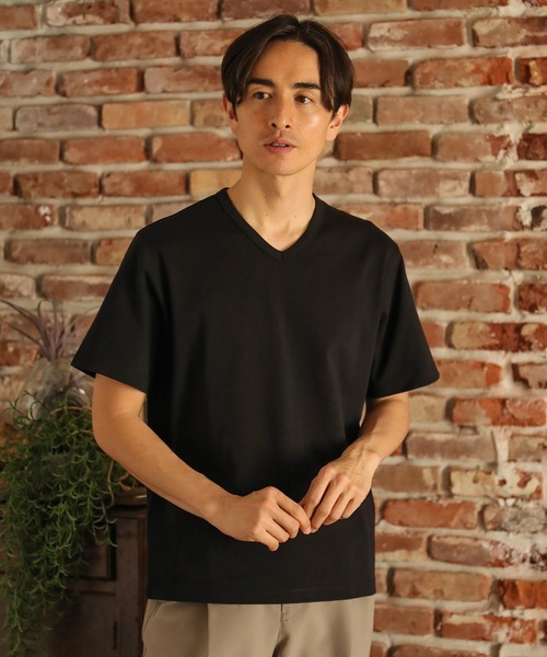 UNION STATION（ユニオンステーション）の「ストレッチスムース半袖VネックＴシャツ（Tシャツ/カットソー・メンズ・ブラック/ダークグリーン/ベージュ/オフホワイト/チャコール・LL/S/M/L）」の3枚目の写真