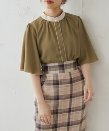 natural couture | パール釦ポイントバイカラーフレア5分袖ブラウス(シャツ/ブラウス)