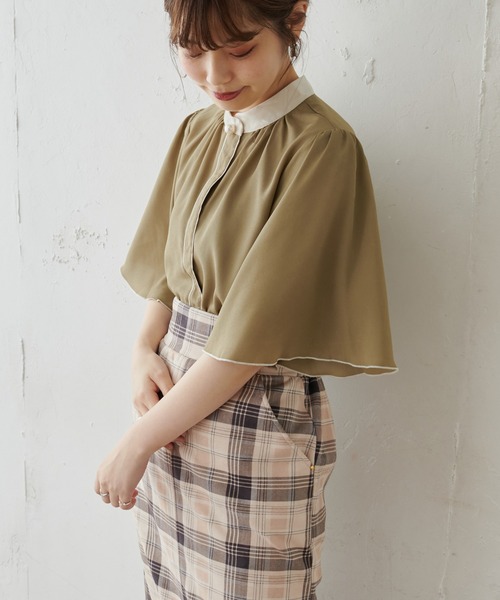 natural couture（ナチュラルクチュール）の「パール釦ポイントバイカラーフレア5分袖ブラウス（シャツ/ブラウス・レディース・アイボリー/カーキ/ピンクベージュ/その他1/その他2/その他3・FREE）」の12枚目の写真