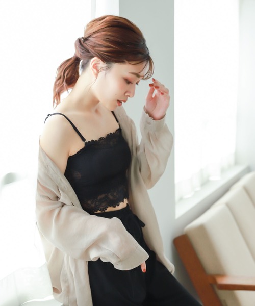 肩ひも取り外し可能）シフォンレースカップ付きベアトップ