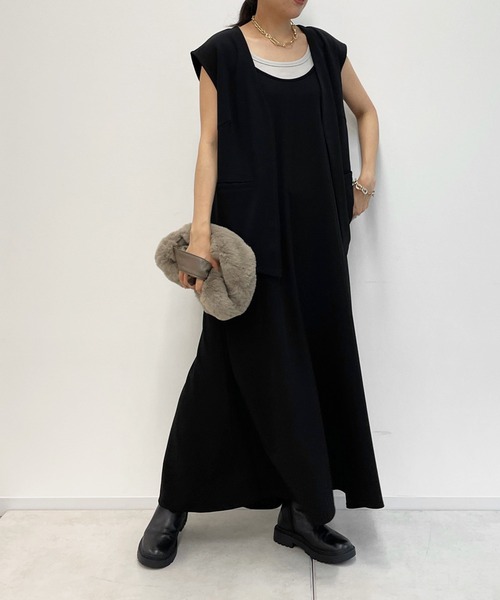 人気❣️DOUDOU カットジョーゼットベスト 黒 DouDou（ドゥドゥ）の「ワンマイル カットジョーゼットベスト