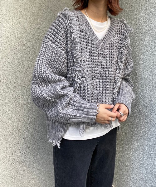 CIAOPANIC TYPY（チャオパニックティピー）の「ワッフル編みダメージニット（ニット/セーター・レディース・グレー/レッド/アイボリー・ONE SIZE）」の13枚目の写真