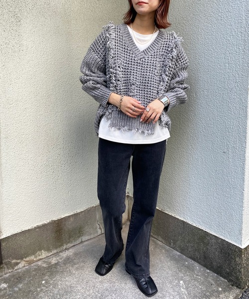 CIAOPANIC TYPY（チャオパニックティピー）の「ワッフル編みダメージニット（ニット/セーター・レディース・グレー/レッド/アイボリー・ONE SIZE）」の20枚目の写真