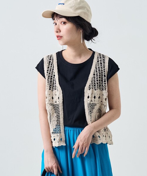 FREAK'S STORE（フリークスストア）の「クロシェ風ベスト半袖Tシャツセット（Tシャツ/カットソー・レディース・ブラック/オフホワイト/オレンジ・ﾌﾘ-）」の2枚目の写真