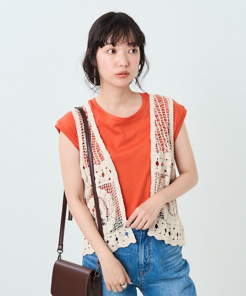 FREAK'S STORE（フリークスストア）の「クロシェ風ベスト半袖Tシャツセット（Tシャツ/カットソー・レディース・ブラック/オフホワイト/オレンジ・ﾌﾘ-）」の4枚目の写真