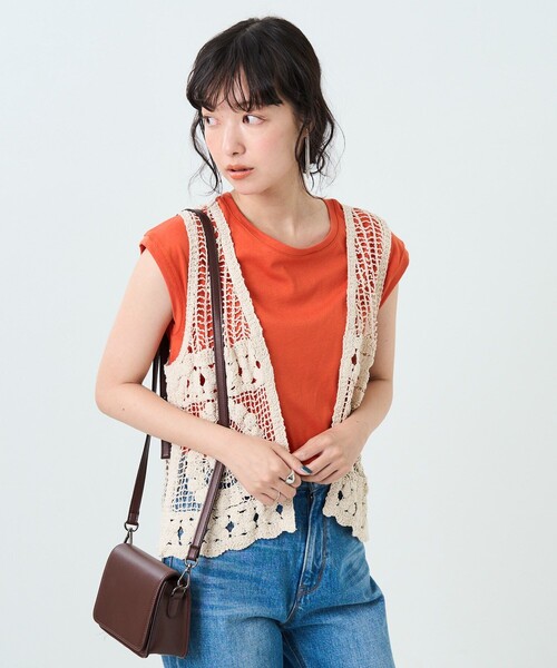 FREAK'S STORE（フリークスストア）の「クロシェ風ベスト半袖Tシャツセット（Tシャツ/カットソー・レディース・ブラック/オフホワイト/オレンジ・ﾌﾘ-）」の6枚目の写真