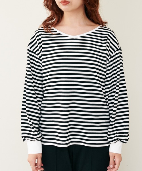 natural couture(ナチュラルクチュール)の「WEB限定/2022AWアイテム/デコルテラインぽわ袖ボーダートップス(Tシャツ/カットソー・レディース・ブラック/ブラウン/ピンク/ピンク系その他・FREE)」の20枚目の写真