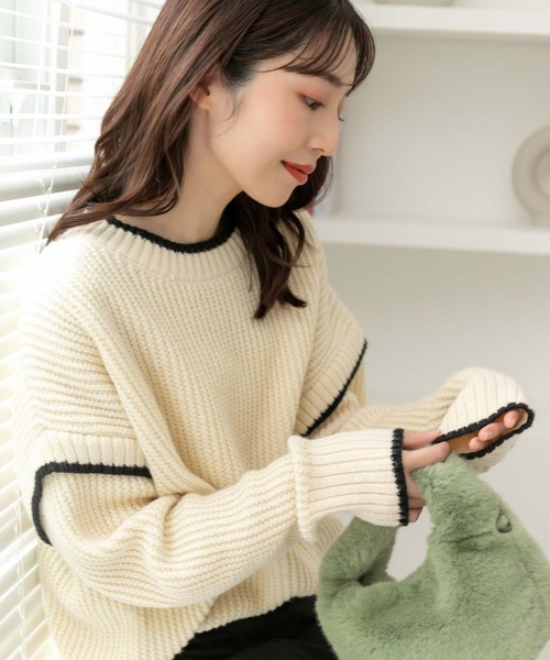 fifth（フィフス）の「ステッチデザインニット（ニット/セーター・レディース・アイボリー/ブラック/グリーン・M）」の4枚目の写真