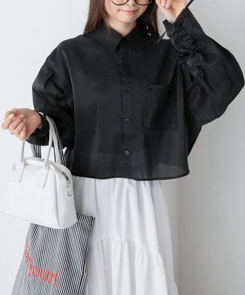 セール】2wayギャザースリーブ クロップドシアーシャツ（シャツ