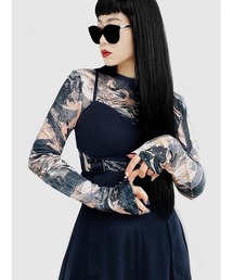 【LVEU.】マーブル柄シアートップス / トップス カットソー シアー マーブル 総柄 モノトーン カラフル インナー レイヤード クルーネック ブルー グレー ブラウン ネイビー