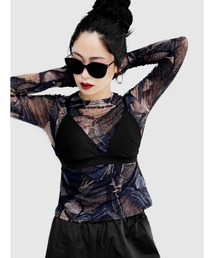 【LVEU.】マーブル柄シアートップス / トップス カットソー シアー マーブル 総柄 モノトーン カラフル インナー レイヤード クルーネック ブルー グレー ブラウン ネイビー