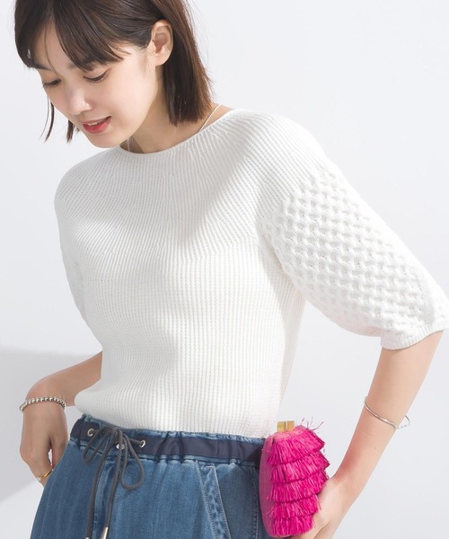 PICCIN（ピッチン）の「【日本製】ランタンスリーブホールガーメントニット（ニット/セーター・レディース・オフホワイト/ライトブルー/ブラック・M）」の2枚目の写真