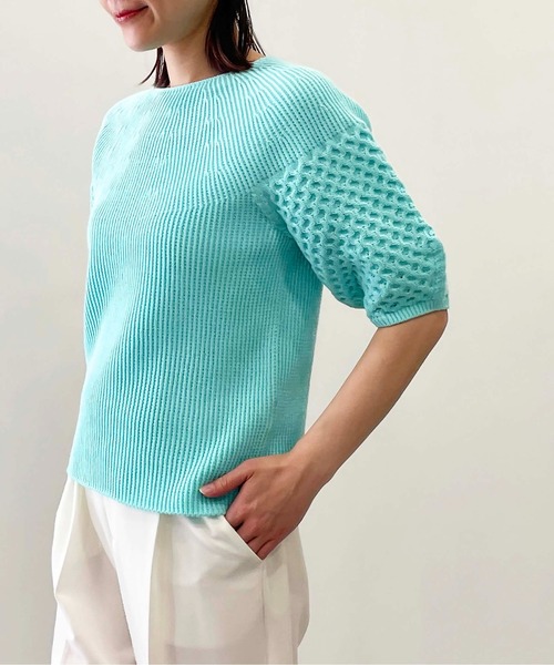 PICCIN（ピッチン）の「【日本製】ランタンスリーブホールガーメントニット（ニット/セーター・レディース・オフホワイト/ライトブルー/ブラック・M）」の4枚目の写真