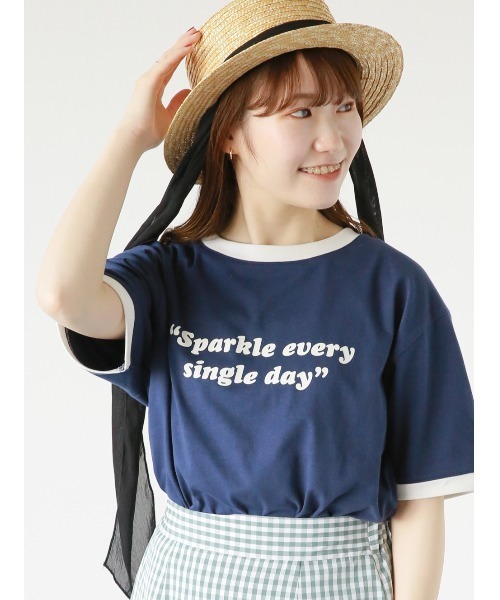 ehka sopo(エヘカソポ)の「リンガーロゴプリントTシャツ(Tシャツ/カットソー・レディース・オフホワイト/ネイビー/キナリ/グリーン・フリ-)」の4枚目の写真