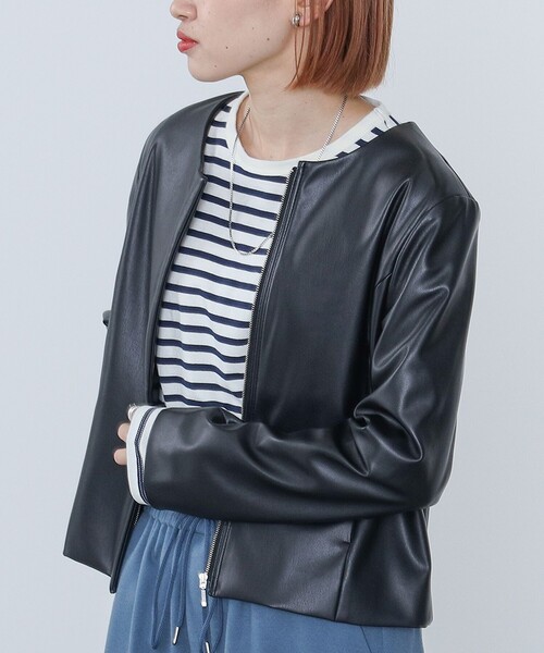 BEAMS HEART(ビームスハート)の「BEAMS HEART / フェイクレザー ジップブルゾン(ライダースジャケット・レディース・ブラック/ブラウン/ベージュ・SMALL/MEDIUM)」の16枚目の写真