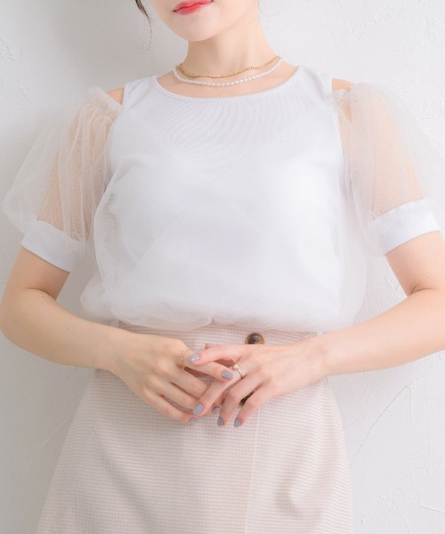ems excite(エムズエキサイト)の「チュールレイヤードCT(Tシャツ/カットソー・レディース・ピンク/オフホワイト/ブルー・FREE)」の1枚目の写真