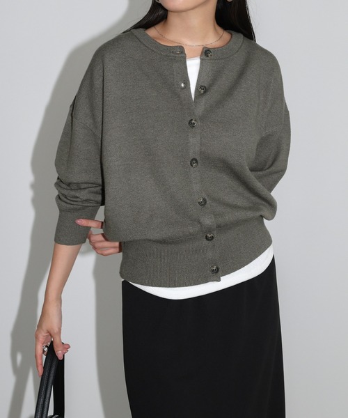 セール】【新色追加】クルーネック無地ボーダー長袖ニットカーディガン