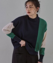 配色切り替え袖ボタン付ニット ［Soiunique］