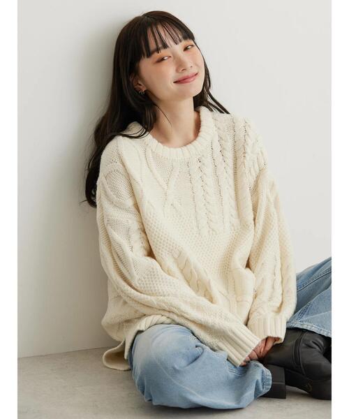 AMERICAN HOLIC（アメリカンホリック）の「パッチワークケーブルニットプルオーバー（ニット/セーター・レディース・ライトグレー系2/アイボリー/ブラック/パープル/オレンジ・M/L）」の14枚目の写真