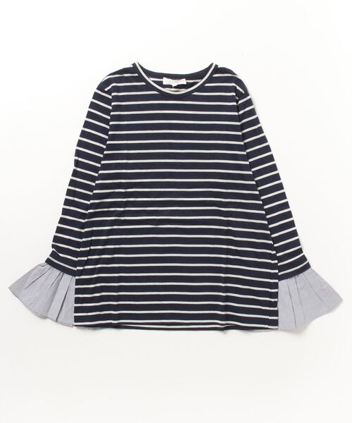 TRANS CONTINENTS(トランスコンチネンツ)の「(CLU)17CLT337 CONTRAST BELL SLEEVE STRIPED(Tシャツ/カットソー・レディース・ネイビー・S)」の1枚目の写真