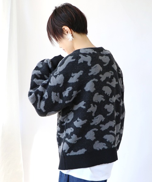 ScoLar（スカラー）の「133704：ふくれジャガードのネコ柄カーディガン