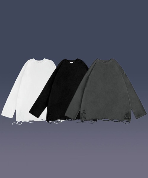 Ressaca(レサーカ)の「オーバーサイズ クルーネックダメージ加工 長袖Tシャツ(Tシャツ/カットソー・メンズ・グレー/ブラック/ホワイト・L/M/XL/XXL)」の4枚目の写真