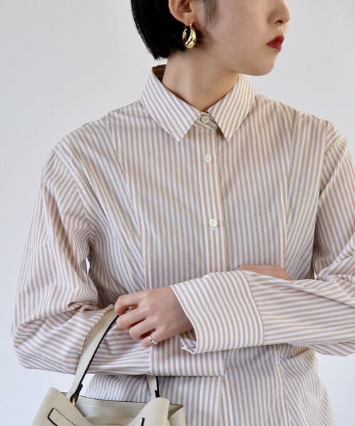 quaranciel（カランシエル）の「quaranciel:〈洗濯機可能〉ストライプ ワイドスリーブ シャツ（シャツ/ブラウス・レディース・ベージュ/ピンク/ブルー・38/40/36）」の5枚目の写真