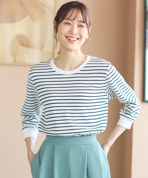 Honeys（ハニーズ）の「７分袖ワッフルクルーネックＴシャツ（Tシャツ/カットソー・レディース・ピンク/ホワイト系その他/スミクロ/ホワイト×ネイビー/ミント/ベージュ/アイボリー/ホワイト×ブルー・S/M/L/LL）」の5枚目の写真