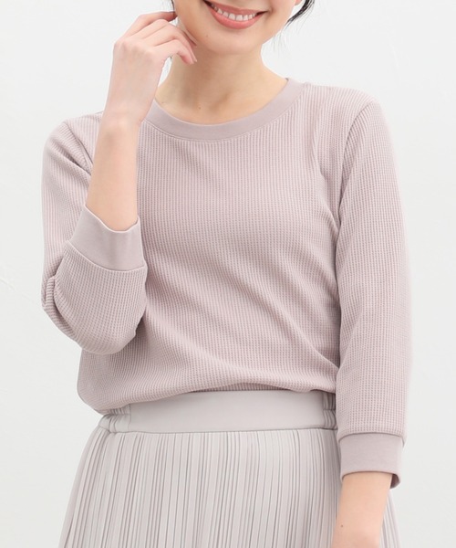 Honeys（ハニーズ）の「７分袖ワッフルクルーネックＴシャツ（Tシャツ/カットソー・レディース・ピンク/ホワイト系その他/スミクロ/ホワイト×ネイビー/ミント/ベージュ/アイボリー/ホワイト×ブルー・S/M/L/LL）」の8枚目の写真