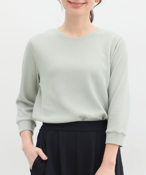 Honeys（ハニーズ）の「７分袖ワッフルクルーネックＴシャツ（Tシャツ/カットソー・レディース・ピンク/ホワイト系その他/スミクロ/ホワイト×ネイビー/ミント/ベージュ/アイボリー/ホワイト×ブルー・S/M/L/LL）」の7枚目の写真