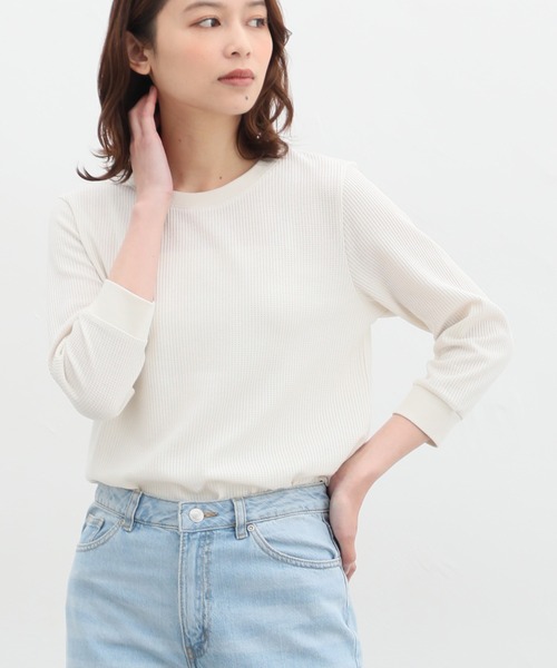 Honeys（ハニーズ）の「７分袖ワッフルクルーネックＴシャツ（Tシャツ/カットソー・レディース・ピンク/ホワイト系その他/スミクロ/ホワイト×ネイビー/ミント/ベージュ/アイボリー/ホワイト×ブルー・S/M/L/LL）」の10枚目の写真