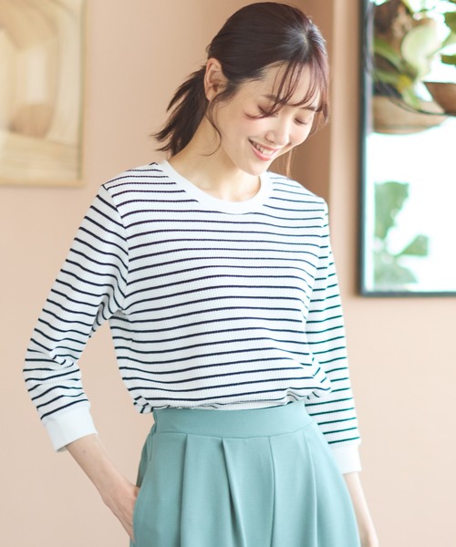 Honeys（ハニーズ）の「７分袖ワッフルクルーネックＴシャツ（Tシャツ/カットソー・レディース・ピンク/ホワイト系その他/スミクロ/ホワイト×ネイビー/ミント/ベージュ/アイボリー/ホワイト×ブルー・S/M/L/LL）」の15枚目の写真