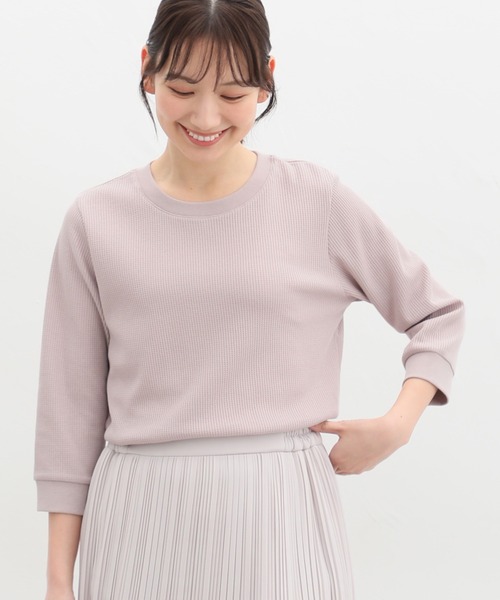 Honeys（ハニーズ）の「７分袖ワッフルクルーネックＴシャツ（Tシャツ/カットソー・レディース・ピンク/ホワイト系その他/スミクロ/ホワイト×ネイビー/ミント/ベージュ/アイボリー/ホワイト×ブルー・S/M/L/LL）」の17枚目の写真