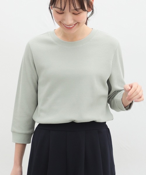 Honeys（ハニーズ）の「７分袖ワッフルクルーネックＴシャツ（Tシャツ/カットソー・レディース・ピンク/ホワイト系その他/スミクロ/ホワイト×ネイビー/ミント/ベージュ/アイボリー/ホワイト×ブルー・S/M/L/LL）」の19枚目の写真