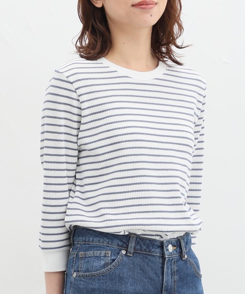 Honeys（ハニーズ）の「７分袖ワッフルクルーネックＴシャツ（Tシャツ/カットソー・レディース・ピンク/ホワイト系その他/スミクロ/ホワイト×ネイビー/ミント/ベージュ/アイボリー/ホワイト×ブルー・S/M/L/LL）」の21枚目の写真