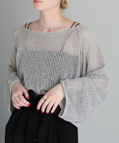 select MOCA(セレクトモカ)の「【ZOZO限定】アウトシームラメショートメッシュニット(ニット/セーター・レディース・グリーン/グレー/アイボリー・FREE)」の3枚目の写真
